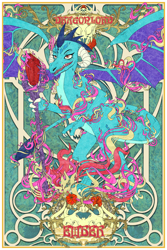Size: 850x1276 | Tagged: safe, artist:enyoiyourself, derpibooru import, dragon lord ember, princess ember, dragon, bloodstone scepter, claws, dragoness, female, flower, modern art, nouveau, skull, solo, spread wings, wings
