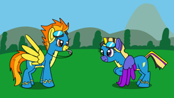 Size: 1920x1080 | Tagged: safe, artist:platinumdrop, derpibooru import, spitfire, oc, pegasus, art trade, clothes, female, heterochromia, mare, training, uniform, wonderbolts, wonderbolts uniform