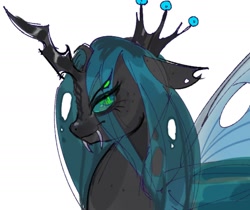 Size: 1762x1480 | Tagged: safe, artist:fluttr3, artist:xxk1ttyl1tterxx, derpibooru import, queen chrysalis, changeling, changeling queen, bust, crown, fangs, female, jewelry, lidded eyes, looking back, regalia, simple background, solo, white background