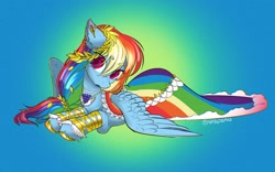 Size: 2048x1275 | Tagged: safe, artist:opalacorn, derpibooru import, rainbow dash, pegasus, pony, clothes, dress, eyebrows, eyebrows visible through hair, female, gala dress, gradient background, lying down, mare, prone, signature, solo, sploot, wings, wings down