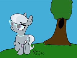 Size: 2160x1620 | Tagged: safe, artist:amelia, derpibooru exclusive, derpibooru import, silver spoon, earth pony, pony, female, filly, foal, glasses, insulin patch, literal diabetes, solo, tree