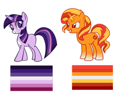 Size: 1195x947 | Tagged: safe, artist:vernorexia, derpibooru import, sunset shimmer, twilight sparkle, unicorn twilight, pony, unicorn, g4, cardboard twilight, coloring page, female, lesbian, lesbian pride flag, mare, moon lesbian, pride, pride flag, recolor, simple background, sun lesbian, transparent background