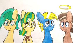 Size: 3354x1962 | Tagged: safe, artist:thunderrainbowshadow, derpibooru import, pistachio, sandbar, star tracker, earth pony, pony, direct tunes, group, halo, male, older, older pistachio, older sandbar, older star tracker, stallion, traditional art