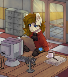 Size: 1315x1472 | Tagged: safe, artist:marzipannoli, derpibooru import, oc, oc:dusty heartwood, earth pony, pony, fallout equestria, ashes town, blue eyes, brown fur, brown mane, clipboard, coffee, coffee cup, coffee mug, commission, computer, cup, detailed background, doctor, facial scar, fallout equestria oc, fan, hospital, jabot, mug, paper, paperwork, pen, pipbuck, scar, steam, table, terminal, tiled floor