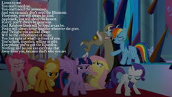 Size: 1192x670 | Tagged: safe, derpibooru import, edit, edited screencap, editor:quoterific, screencap, applejack, discord, fluttershy, pinkie pie, rainbow dash, rarity, twilight sparkle, twilight sparkle (alicorn), alicorn, the beginning of the end, mane six, quote, speech, talking, text, weak