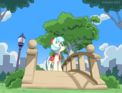 Size: 2973x2276 | Tagged: safe, artist:vinilyart, artist:vinilyart_d, derpibooru import, coco pommel, earth pony, pony, cloud, female, grass, high res, lamppost, mare, outdoors, sky, solo, tree