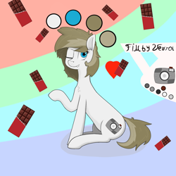 Size: 2000x2000 | Tagged: safe, artist:fimby_vevrol, derpibooru import, oc, oc only, oc:fimby vevrol, earth pony, pony, blue eyes, camera, chest fluff, chocolate, cutie mark, digital art, ear fluff, ears, female, food, heart, one eye closed, open mouth, open smile, raised hoof, raised leg, reference, reference sheet, simple background, sitting, smiling, solo, teeth