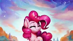 Size: 2688x1536 | Tagged: safe, ai content, derpibooru import, generator:pony diffusion v5, generator:stable diffusion, machine learning generated, pinkie pie, earth pony, pony, cute, eyes closed, female, mare, prompter:siber, smiling, solo