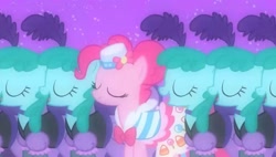 Size: 2019x1148 | Tagged: safe, derpibooru import, screencap, pinkie pie, spring melody, sprinkle medley, earth pony, pony, the best night ever, beautiful, canterlot, clothes, cute, dancing, dress, eyes closed, fantasy, female, gala dress, gown, grand galloping gala, mare, night, smiling, stars