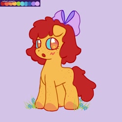 Size: 2048x2048 | Tagged: safe, artist:ivydapple, derpibooru import, apple bloom, earth pony, pony, blushing, color palette, female, filly, flower, foal, freckles, grass, open mouth, purple background, simple background, solo