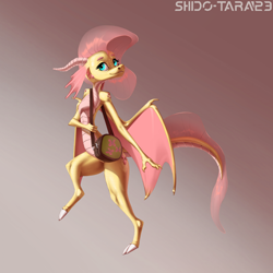 Size: 1920x1920 | Tagged: safe, artist:shido-tara, derpibooru import, fluttershy, dragon, bag, blue eyes, dragoness, female, horns, looking at you, scales, simple background, smiling, tail, yellow body