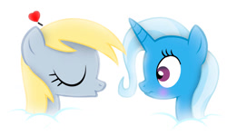 Size: 1280x768 | Tagged: safe, derpibooru import, derpy hooves, trixie, pegasus, unicorn, g4, cloud, duo, female, heart, lesbian, mare, shipping, simple background, tripy, white background