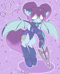 Size: 1280x1579 | Tagged: safe, artist:umbreow, derpibooru import, oc, oc:night dreamer, bat pony, pony, armor, female, mare, solo, spear, weapon