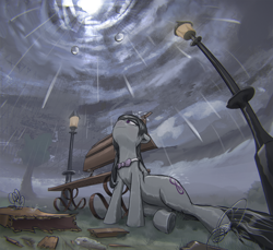 Size: 2774x2537 | Tagged: safe, artist:ciborgen, derpibooru import, octavia melody, earth pony, pony, bench, bowtie, broken, broken instrument, broken string, female, high res, lamppost, leaning, looking up, lying down, mare, outdoors, perspective, rain, sky, solo, streetlight, tree, wet, wet mane