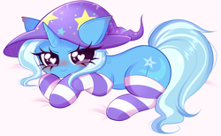 Size: 1540x948 | Tagged: safe, artist:arwencuack, derpibooru import, trixie, pony, unicorn, blushing, clothes, commission, cute, diatrixes, female, hat, heart, heart eyes, looking at you, mare, smiling, socks, solo, stockings, striped socks, thigh highs, trixie's hat, wingding eyes, ych result