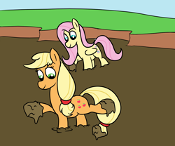 Size: 1200x1000 | Tagged: safe, artist:amateur-draw, derpibooru import, applejack, fluttershy, earth pony, pegasus, female, mare, mud, mud bath, muddy, muddy hooves, quicksand, sinking, wet and messy