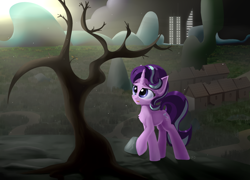 Size: 2500x1800 | Tagged: safe, artist:rainydark, derpibooru import, starlight glimmer, unicorn, canon, destroyed, disaster, female, fog, gray, light, lightning, mare, our town, shadow, skyscraper, solo, tree, village