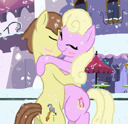 Size: 669x650 | Tagged: safe, artist:starryc94, derpibooru import, luckette, rivet, earth pony, pony, base used, bipedal, blushing, cuddling, duo, duo male and female, female, kissing, luckivet, male, mare, shipping, snow, stallion, straight