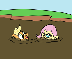 Size: 1200x1000 | Tagged: safe, artist:amateur-draw, derpibooru import, applejack, fluttershy, earth pony, pegasus, definitely not kink, female, mare, mud, mud bath, mud play, muddy, quicksand, sinking, wet and messy