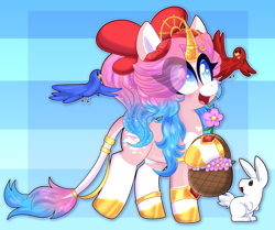 Size: 2387x2000 | Tagged: safe, artist:saveraedae, derpibooru import, oc, oc only, oc:fantasmic, bird, rabbit, unicorn, animal, basket, bow, commission, flower, jewelry, looking offscreen, solo