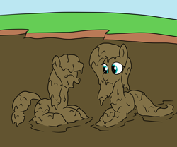 Size: 1200x1000 | Tagged: safe, artist:amateur-draw, derpibooru import, applejack, fluttershy, earth pony, pegasus, covered in mud, definitely not kink, female, laughing, mare, mud, mud bath, mud play, mud pony, muddy, quicksand, wet and messy