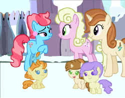 Size: 866x680 | Tagged: safe, artist:starryc94, derpibooru import, cream puff, cup cake, millie, pumpkin cake, oc, oc:lucy, earth pony, pony, unicorn, baby, baby pony, base used, cinnamon chai, female, filly, foal, group, mare, mother and child, mother and daughter, offspring, parent and child, parent:cinnamon chai, parent:donut joe, parents:cinnamon donut