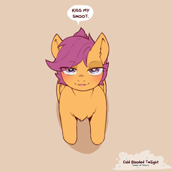 Size: 1200x1200 | Tagged: safe, artist:cold-blooded-twilight, derpibooru import, scootaloo, pegasus, pony, bedroom eyes, beige background, blushing, chest fluff, dialogue, ear fluff, ears, eye clipping through hair, female, filly, foal, heart, heart eyes, high angle, open mouth, simple background, talking to viewer, wingding eyes