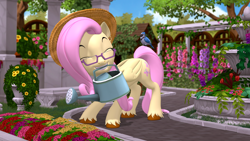 Size: 3840x2160 | Tagged: safe, artist:owlpirate, derpibooru import, fluttershy, bird, pegasus, pony, 3d, 4k, cute, eyes closed, female, flower, garden, glasses, grin, hat, high res, mare, mouth hold, shyabetes, smiling, solo, source filmmaker, sun hat, unshorn fetlocks, watering can