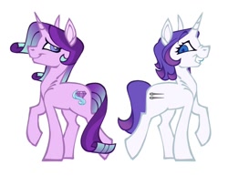 Size: 1090x843 | Tagged: safe, artist:partyponypower, derpibooru import, rarity, starlight glimmer, pony, unicorn, alternate cutie mark, alternate hairstyle, alternate universe, duo, female, grin, mare, personality swap, raised hoof, raised leg, role reversal, simple background, smiling, white background