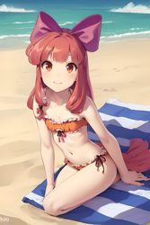 Size: 1024x1536 | Tagged: safe, ai content, derpibooru import, editor:sammykun, machine learning generated, apple bloom, human, adorabloom, applebetes, beach, beach towel, belly button, bikini, clothes, coast, cute, female, humanized, long hair, looking at you, ocean, sand, sitting, sky, smiling, smiling at you, solo, swimsuit, teenager, towel, underage, water, wave