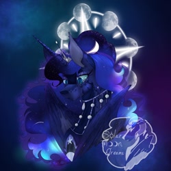Size: 1440x1440 | Tagged: safe, artist:solarmoondreams, derpibooru import, princess luna, alicorn, pony, g4, blue background, blue eyes, blue mane, bust, clothes, crown, crying, digital art, ethereal mane, eyeshadow, feather, female, flowing mane, horn, jewelry, logo, looking down, lunar phases, makeup, mare, night, peytral, portrait, regalia, sad, signature, simple background, solo, sparkles, starry mane, stars, teary eyes, wings