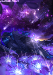 Size: 1414x2000 | Tagged: safe, artist:solarmoondreams, derpibooru import, princess luna, alicorn, pony, g4, abstract background, beautiful, blue eyes, blue mane, cloud, crepuscular rays, digital art, dreamscape, eyelashes, feather, female, flower, flowing mane, glowing, high res, horn, lying down, mare, mountain, mountain range, night, river, rock, sad, shooting star, signature, sky, solo, sparkles, stars, sunlight, sunrise, tired, water, wings