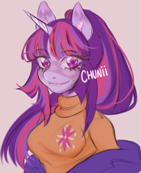 Size: 1743x2137 | Tagged: safe, artist:chunchunii, derpibooru import, twilight sparkle, anthro, breasts, bust, clothes, cutie mark on clothes, female, pink background, ponytail, portrait, signature, simple background, solo, sweater