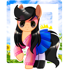 Size: 815x815 | Tagged: safe, artist:diniarvegafinahar, derpibooru import, oc, oc only, oc:firaagusti, earth pony, human, pegasus, pony, abstract background, black eye, clothes, flower, gift art, looking down, pants, raised hoof, raised leg, shoes, shy, skirt, sunflower