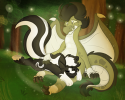 Size: 2500x2000 | Tagged: safe, artist:euspuche, derpibooru import, oc, oc:kindling the dragon, oc:zenawa skunkpony, dragon, earth pony, hybrid, skunk, skunk pony, claws, cuddling, dragon oc, duo, duo male, earth pony oc, eyes closed, fangs, forest, gay, head on lap, interspecies, lidded eyes, looking at each other, looking at someone, love, lying down, male, non-pony oc, outdoors, paws, petting, prone, raised tail, romantic, shipping, sitting, sleeping, smiling, smiling at each other, snuggling, spread wings, stallion, tail, underhoof, wings