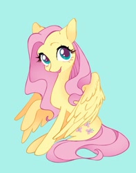 Size: 852x1081 | Tagged: safe, artist:utaaydote1, derpibooru import, fluttershy, pegasus, pony, blue background, female, mare, open mouth, open smile, simple background, sitting, smiling, solo