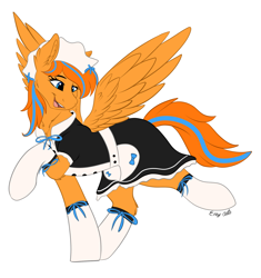 Size: 1632x1737 | Tagged: safe, artist:monsoonvisionz, derpibooru import, oc, oc only, oc:cold front, pegasus, pony, clothes, crossdressing, ear fluff, ears, hat, maid, open mouth, open smile, simple background, smiling, socks, solo, spread wings, transparent background, wings