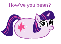 Size: 420x300 | Tagged: safe, artist:purblehoers, derpibooru import, twilight sparkle, unicorn twilight, pony, unicorn, bean, bean pony, female, looking at you, mare, ms paint, pun, question, simple background, smiling, solo, text, white background