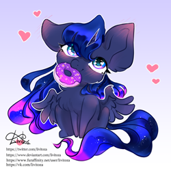 Size: 1500x1500 | Tagged: safe, artist:livitoza, derpibooru import, princess luna, alicorn, pony, blushing, chibi, cute, donut, female, food, gradient background, heart, looking at you, lunabetes, mare, mouth hold, one ear down, signature, sitting, solo