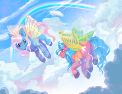 Size: 1200x928 | Tagged: safe, artist:futuredustfuturerust, glow (g1), sky dancer, pony, g1, cloud, cute, duo, female, flying, mare, rainbow, summer wing ponies