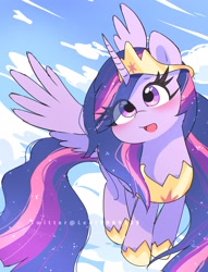 Size: 1726x2264 | Tagged: safe, artist:leo19969525, derpibooru import, princess twilight 2.0, twilight sparkle, twilight sparkle (alicorn), alicorn, pony, the last problem, crown, cute, ethereal mane, ethereal tail, eye clipping through hair, female, flying, hoof shoes, horn, jewelry, long mane, long tail, mare, older, older twilight, open mouth, peytral, princess shoes, regalia, sky, solo, spread wings, starry mane, starry tail, tail, twiabetes, wings