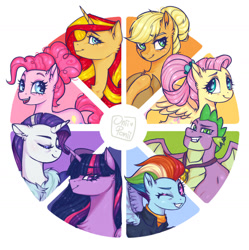 Size: 1280x1286 | Tagged: safe, artist:oniiponii, derpibooru import, applejack, fluttershy, pinkie pie, princess twilight 2.0, rainbow dash, rarity, spike, sunset shimmer, twilight sparkle, twilight sparkle (alicorn), alicorn, dragon, earth pony, pegasus, pony, unicorn, g4, the last problem, animal, apple, applejack's hat, art challenge, blushing, clothes, color wheel, color wheel challenge, cowboy hat, dragon wings, eyelashes, feathered wings, female, folded wings, food, gigachad spike, grin, hat, horn, looking at you, male, mane seven, mane six, mare, older, older applejack, older fluttershy, older mane seven, older mane six, older pinkie pie, older rainbow dash, older rarity, older spike, older sunset, older twilight, open mouth, open smile, simple background, smiling, spread wings, tongue, tongue out, unshorn fetlocks, white background, winged spike, wings