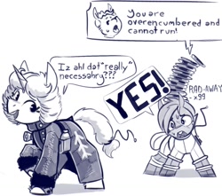 Size: 1438x1272 | Tagged: safe, artist:shouldbedrawing, derpibooru import, oc, oc only, earth pony, pony, unicorn, fallout equestria, clothes, coat, dialogue, duo, facial scar, female, mare, monochrome, overencumbered, rad away, scar, simple background, spacesuit, speech bubble, sweat, white background