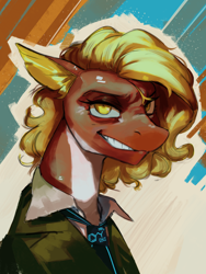 Size: 1500x2000 | Tagged: safe, artist:egil, derpibooru import, oc, oc:posada, seapony (g4), equestria at war mod, bust, clothes, disco elysium, female, grin, looking at you, portrait, seapony oc, smiling, solo, suit