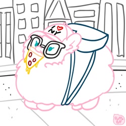 Size: 1000x1000 | Tagged: safe, artist:mixermike622, derpibooru import, oc, oc only, oc:fluffle puff, earth pony, original species, pony, backpack, female, fluffy, food, glasses, mare, mouth hold, pizza, solo