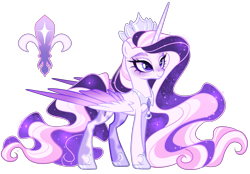 Size: 1745x1214 | Tagged: safe, artist:gihhbloonde, derpibooru import, oc, alicorn, pony, concave belly, crown, ethereal mane, ethereal tail, female, hoof shoes, horn, jewelry, long horn, long mane, long tail, magical lesbian spawn, mare, offspring, parent:fleur-de-lis, parent:princess luna, partially open wings, peytral, princess shoes, regalia, simple background, slim, solo, starry mane, starry tail, tail, thin, transparent background, wings