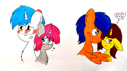 Size: 3885x2191 | Tagged: safe, artist:thunderrainbowshadow, derpibooru import, oc, oc only, oc:kolbe, oc:rain, oc:ruby, oc:sunny, pegasus, pony, unicorn, blushing, female, group, male, mare, shipping, simple background, stallion, straight, traditional art, white background