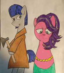 Size: 2316x2640 | Tagged: safe, artist:thunderrainbowshadow, derpibooru import, maud pie, spoiled rich, earth pony, pony, axe, bipedal, crime and punishment, duo, duo male and female, female, male, mare, maudion raskolnikov, rodion raskolnikov, rule 63, simple background, stallion, traditional art, weapon, white background