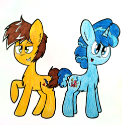 Size: 2804x2889 | Tagged: safe, artist:thunderrainbowshadow, derpibooru import, feather bangs, party favor, earth pony, pony, unicorn, duo, male, simple background, stallion, traditional art, white background