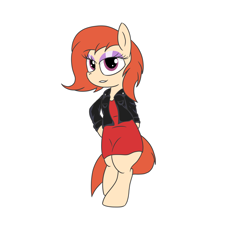 Size: 2000x1800 | Tagged: safe, artist:amateur-draw, derpibooru import, oc, oc only, oc:phosphor flame, earth pony, pony, semi-anthro, bipedal, clothes, dress, jacket, leather, leather jacket, makeup, red dress, simple background, solo, sultry pose, white background